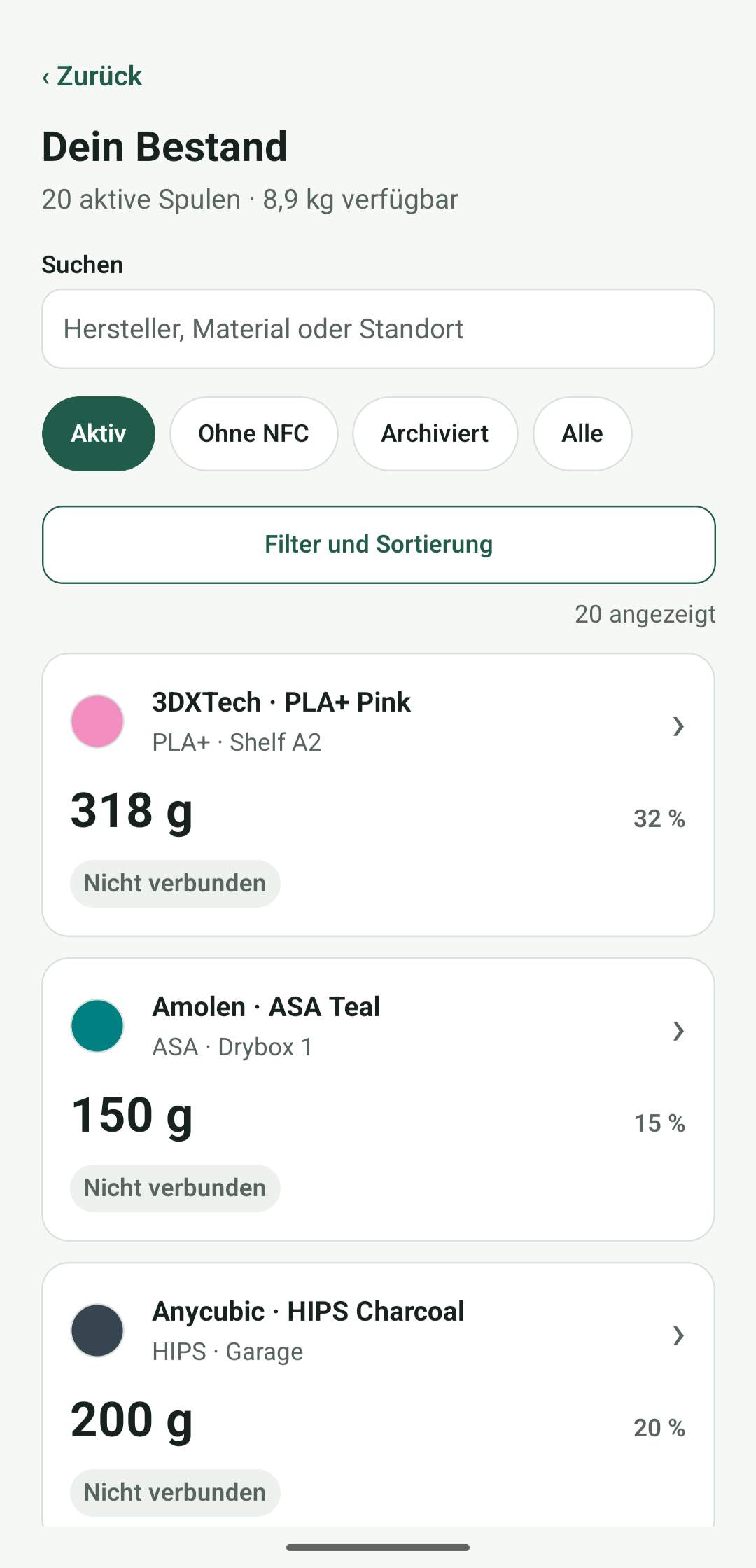 Bestandsansicht der Spoolzy App